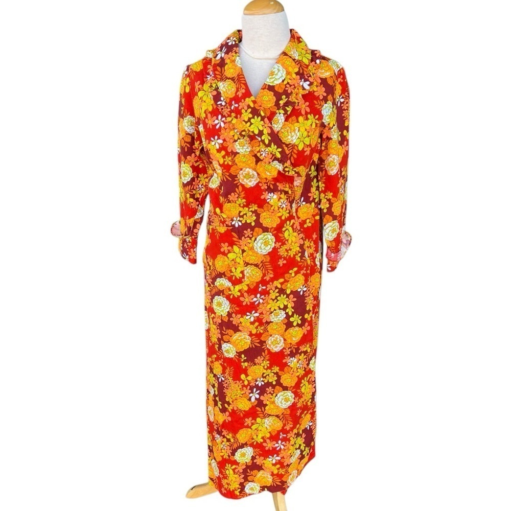 Vintage Hawaiian Barkcloth Floral Ruffle Robe Mod Dayglow Retro Neon Small READ